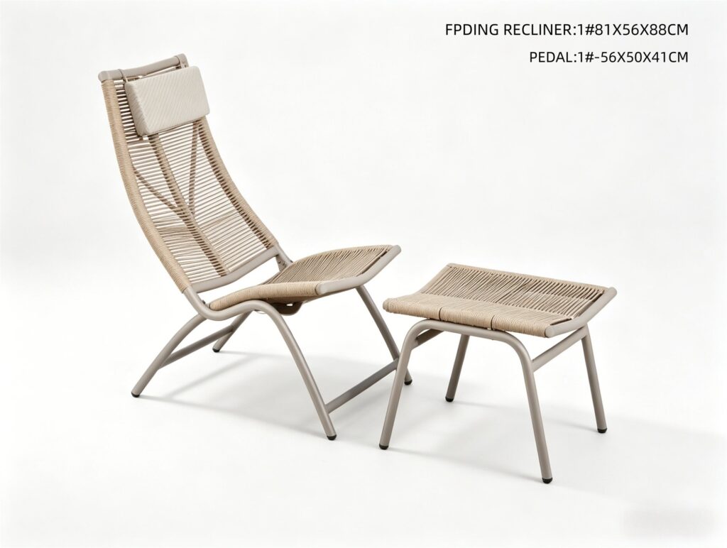 R-042 Aluminum Rope Folding Recliner with Ottoman — Beige