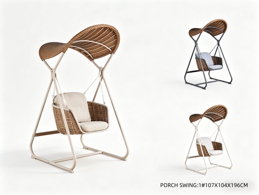 R-044 Rope Wicker Porch Swing Chair with Stand — Beige/Brown