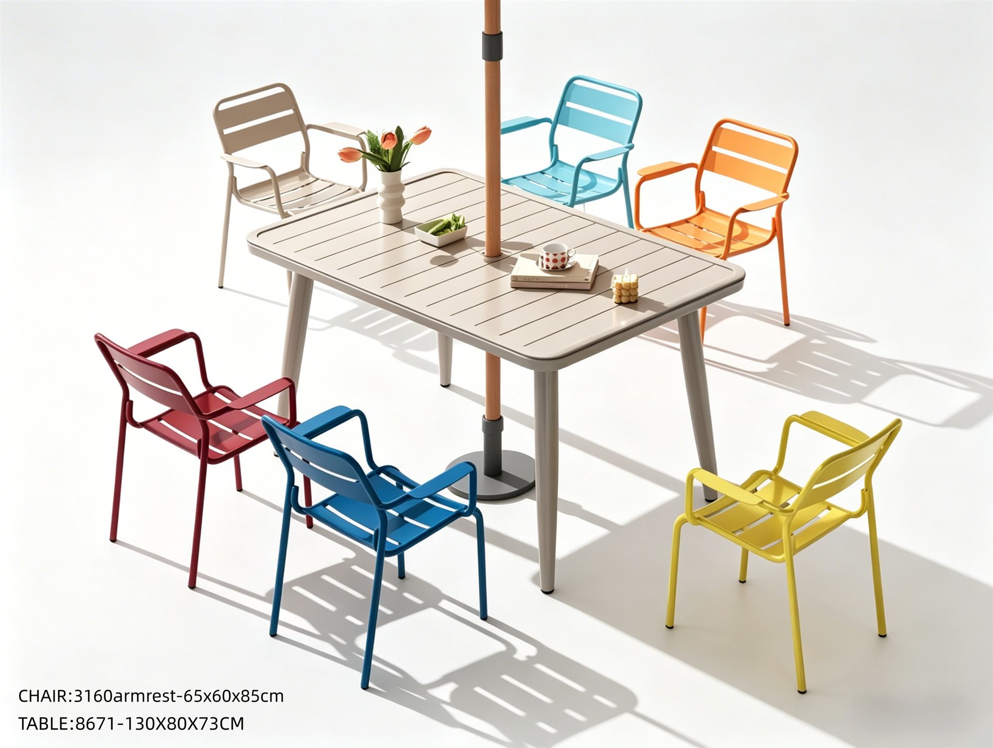 R-045 3160 7-Piece Aluminum Slat Dining Set — Multicolor (6 armchairs + rectangular table with umbrella hole)