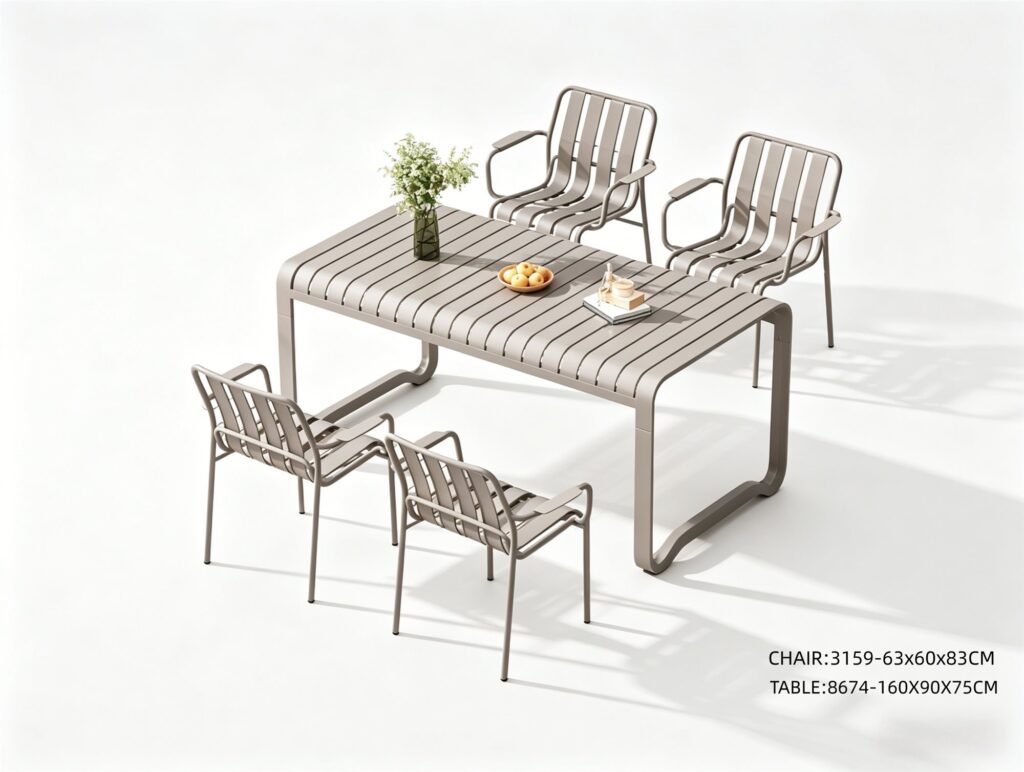 R-047 3159 5-Piece Aluminum Slat Dining Set — Taupe (4 armchairs + rectangular table)