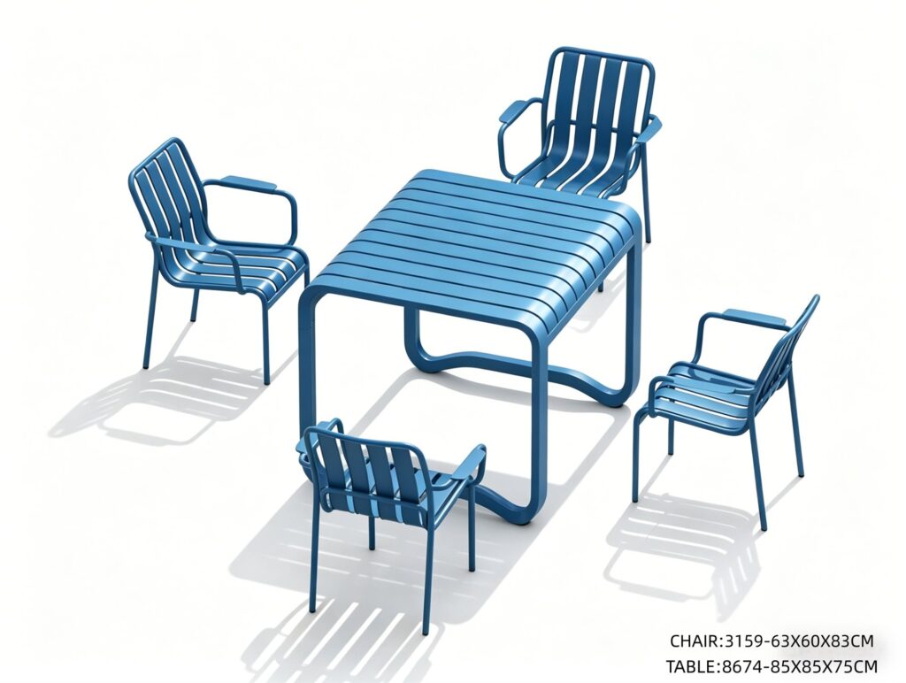 R-048 3159 5-Piece Aluminum Slat Dining Set — Blue (4 armchairs + square table)