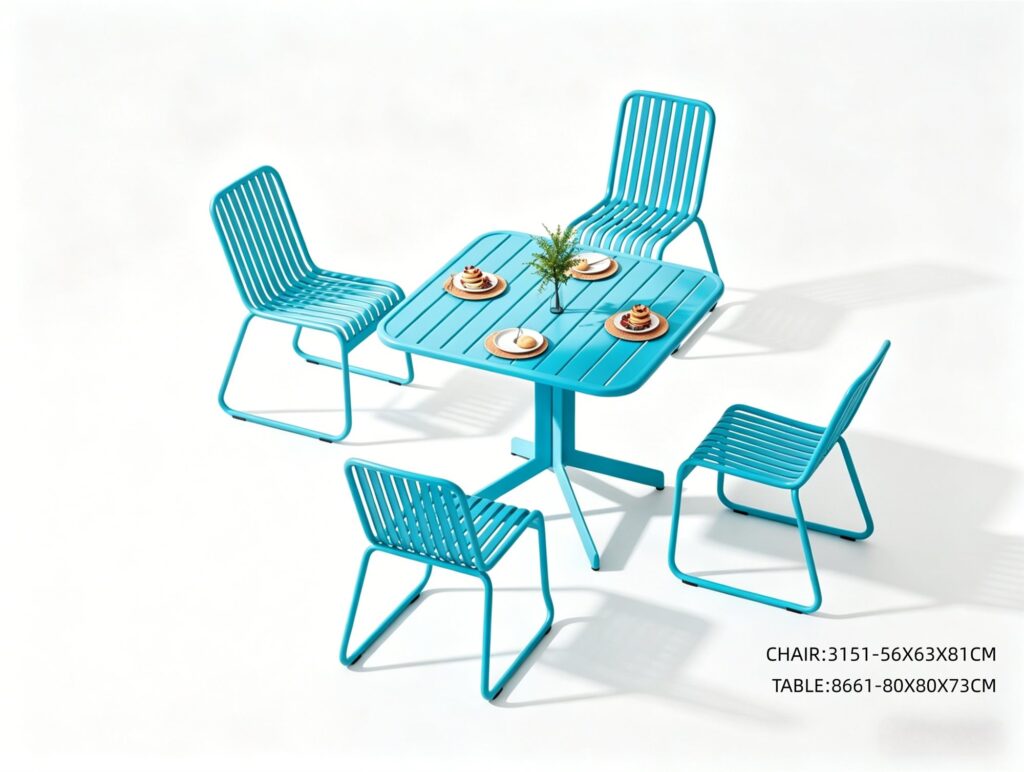 R-049 3151 5-Piece Aluminum Slat Dining Set — Turquoise (4 chairs + square table)