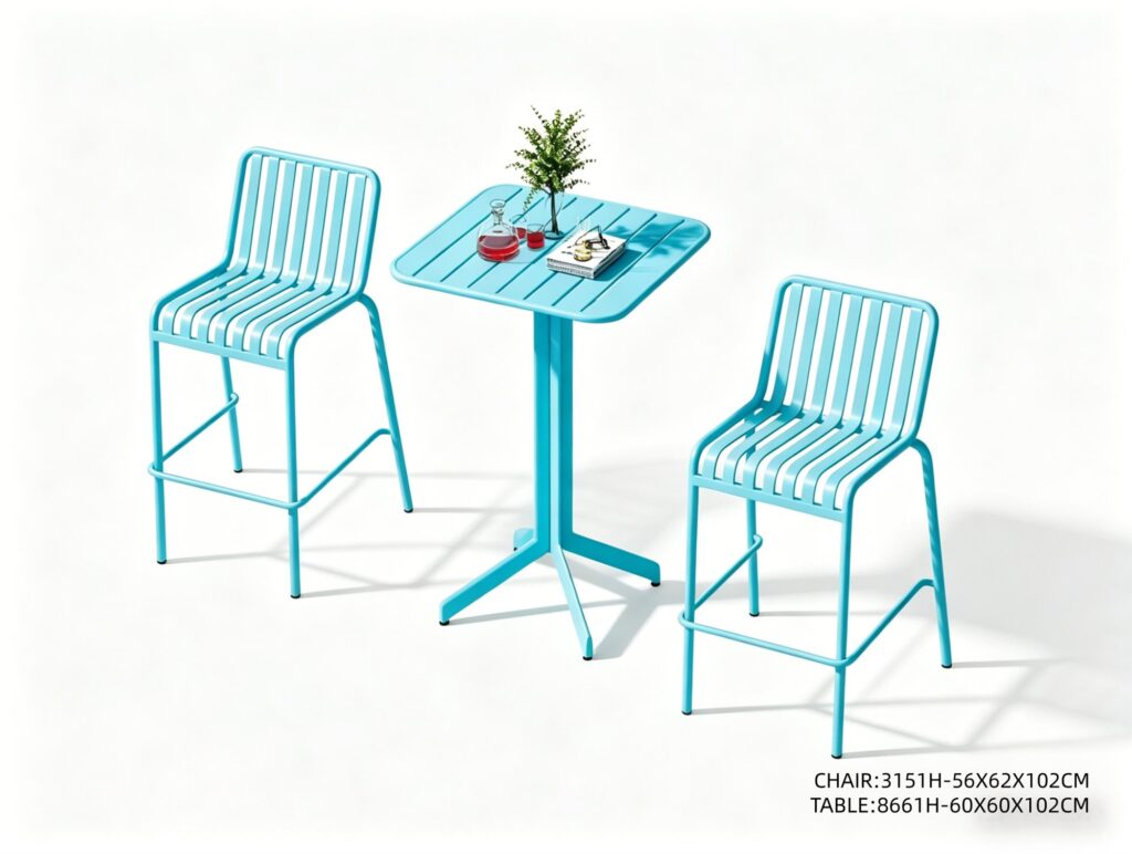 R-050 3151 3-Piece Aluminum Slat Bar Set — Turquoise (2 Bar Stools + Bar Table)