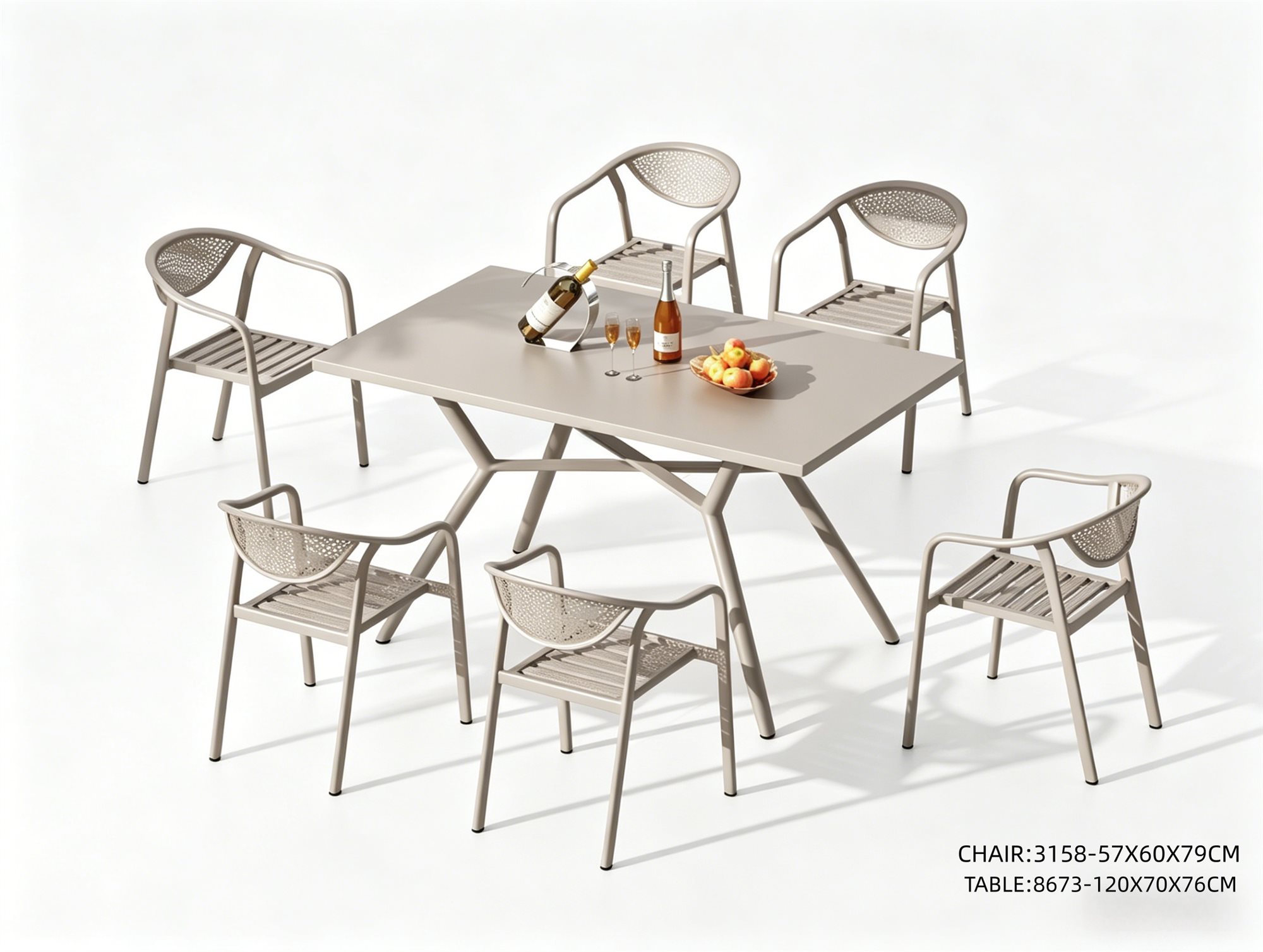R-051 3158 7-Piece Aluminum Slat Dining Set — Taupe (6 armchairs + rectangular table)