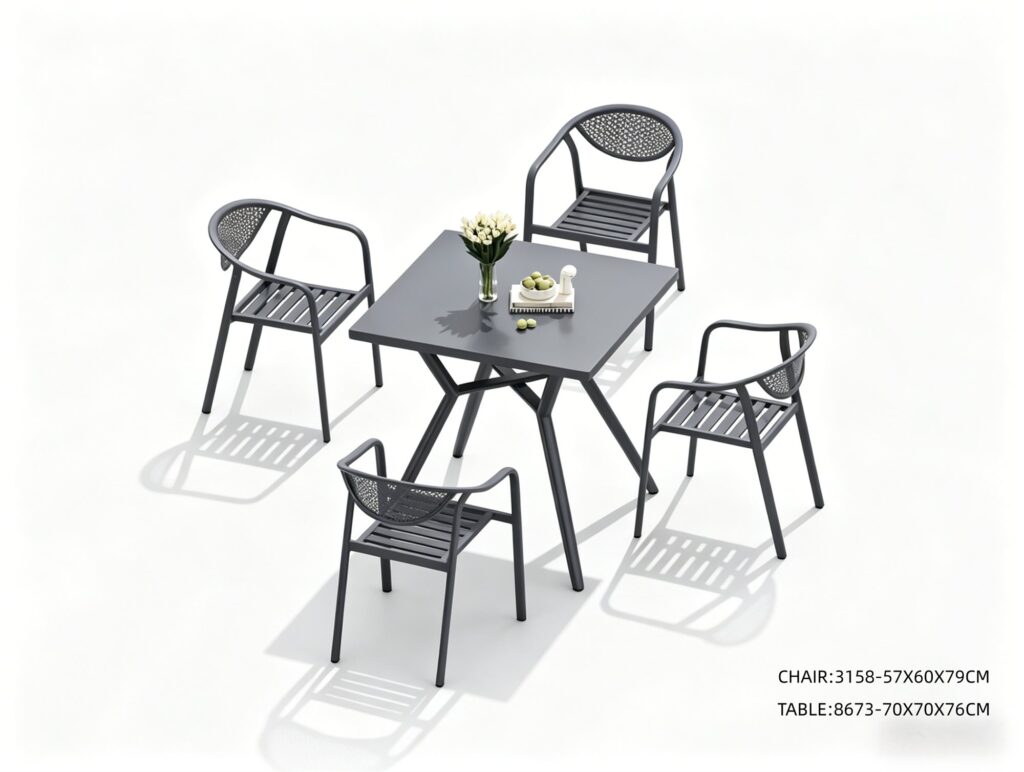 R-052 3158 5-Piece Aluminum Slat Dining Set — Dark Gray (4 armchairs + square table)