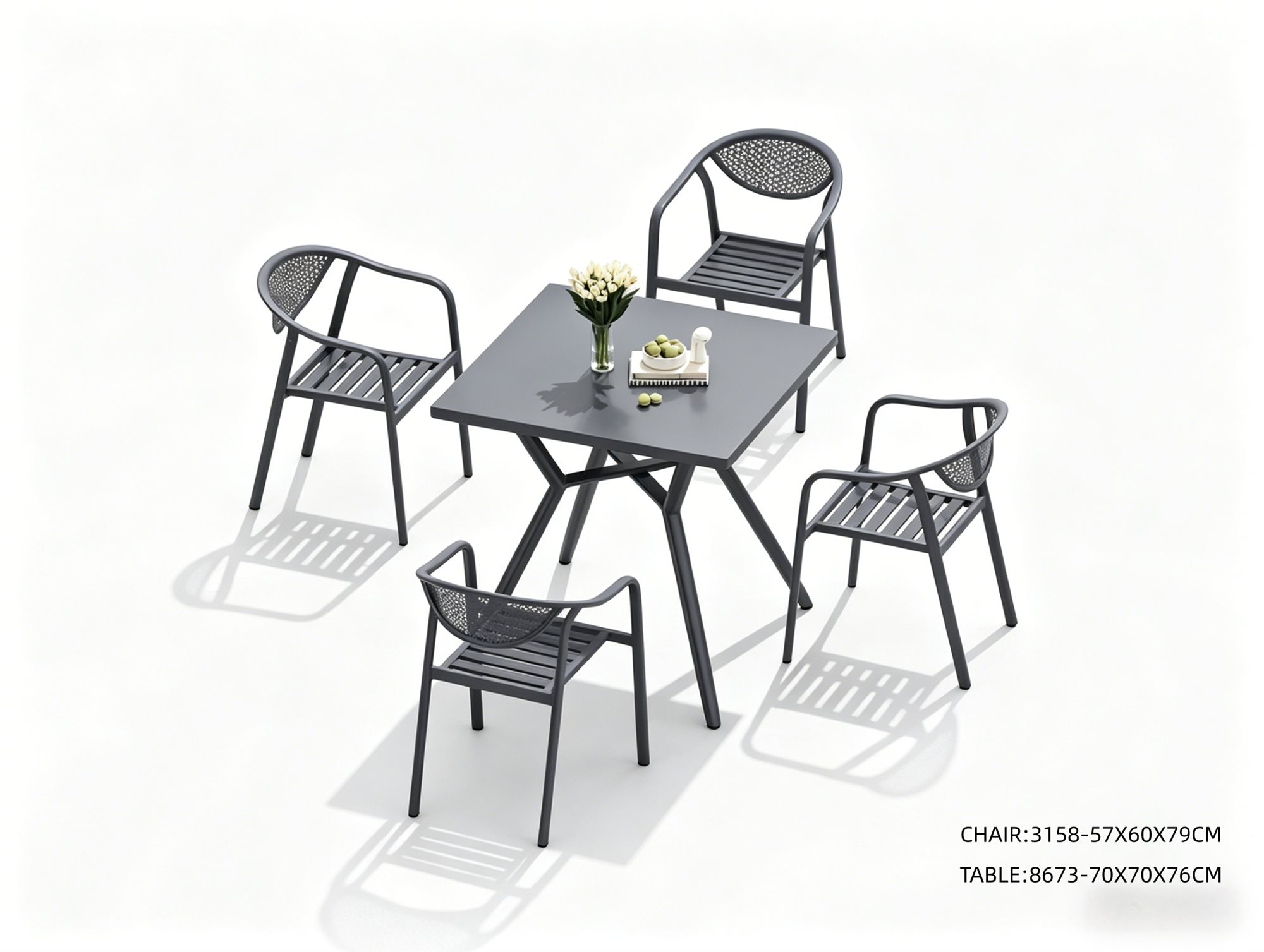 R-052 3158 5-Piece Aluminum Slat Dining Set — Dark Gray (4 armchairs + square table)