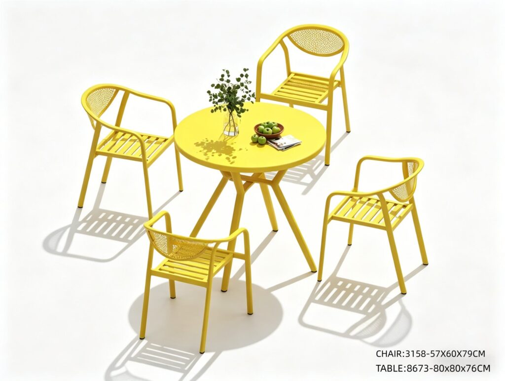 R-053 3158 5-Piece Aluminum Slat Dining Set — Yellow (4 armchairs + round table)