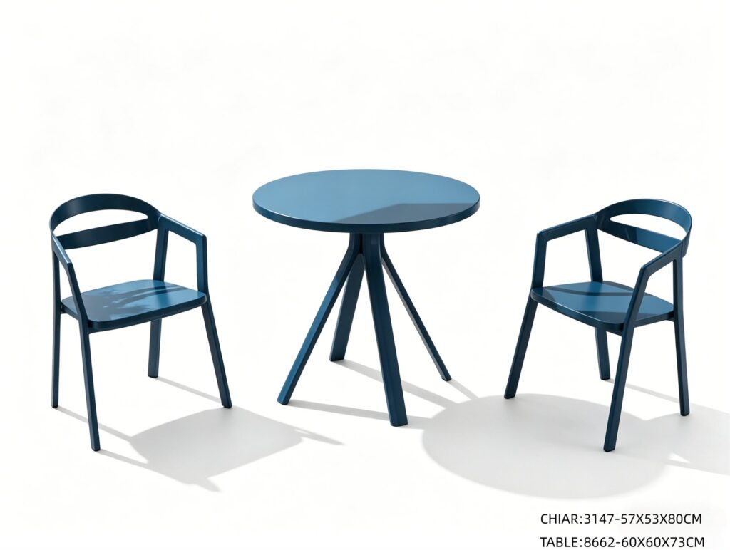 R-054 3147 3-Piece Aluminum Slat Bistro Set — Dark Blue (2 armchairs + round table)