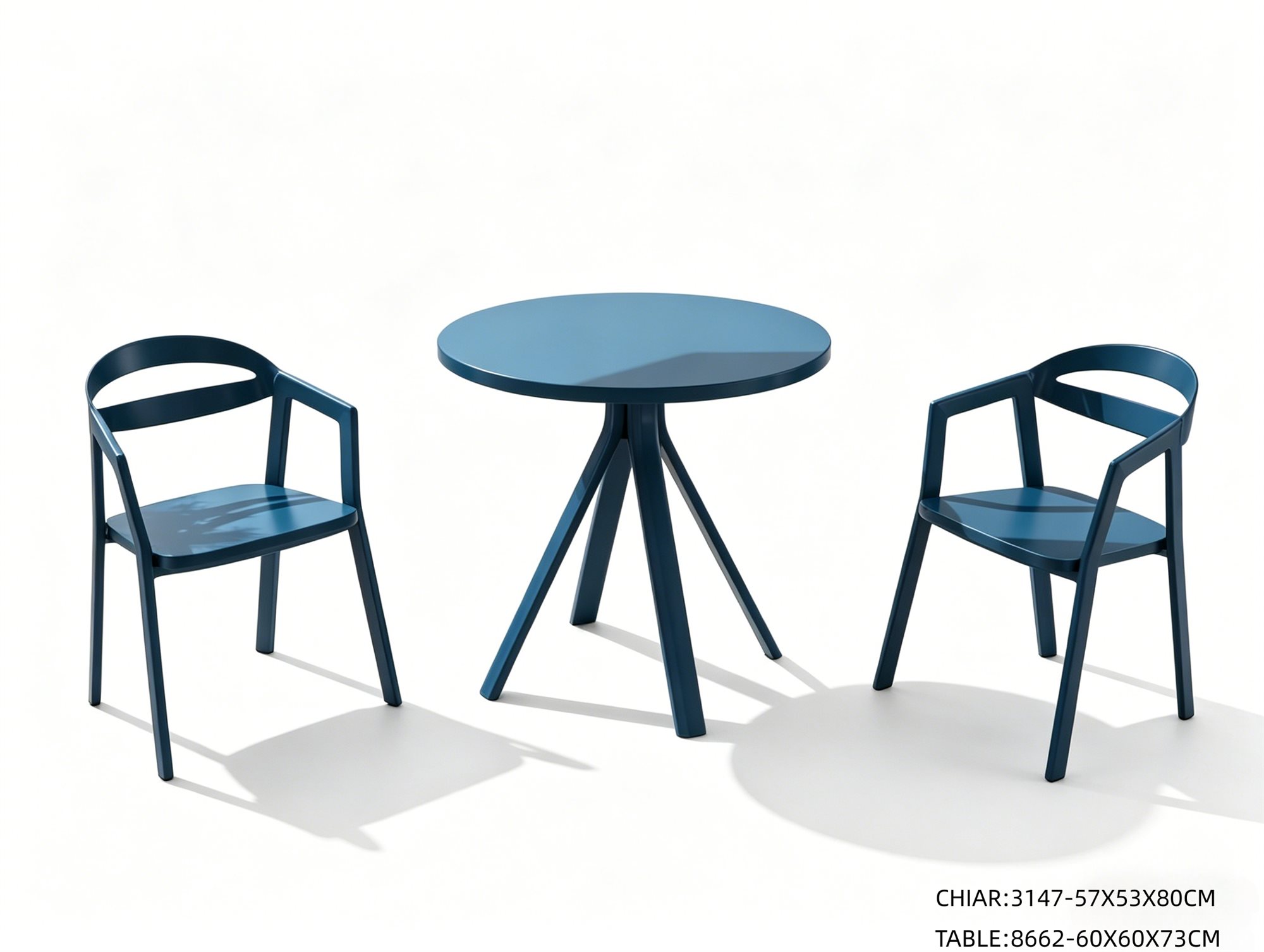 R-054 3147 3-Piece Aluminum Slat Bistro Set — Dark Blue (2 armchairs + round table)