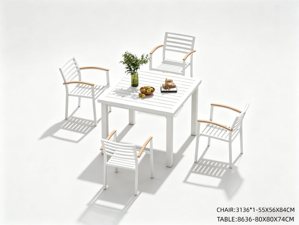 R-055 3136 5-Piece Aluminum Slat Dining Set — White/Teak (4 armchairs + square table)