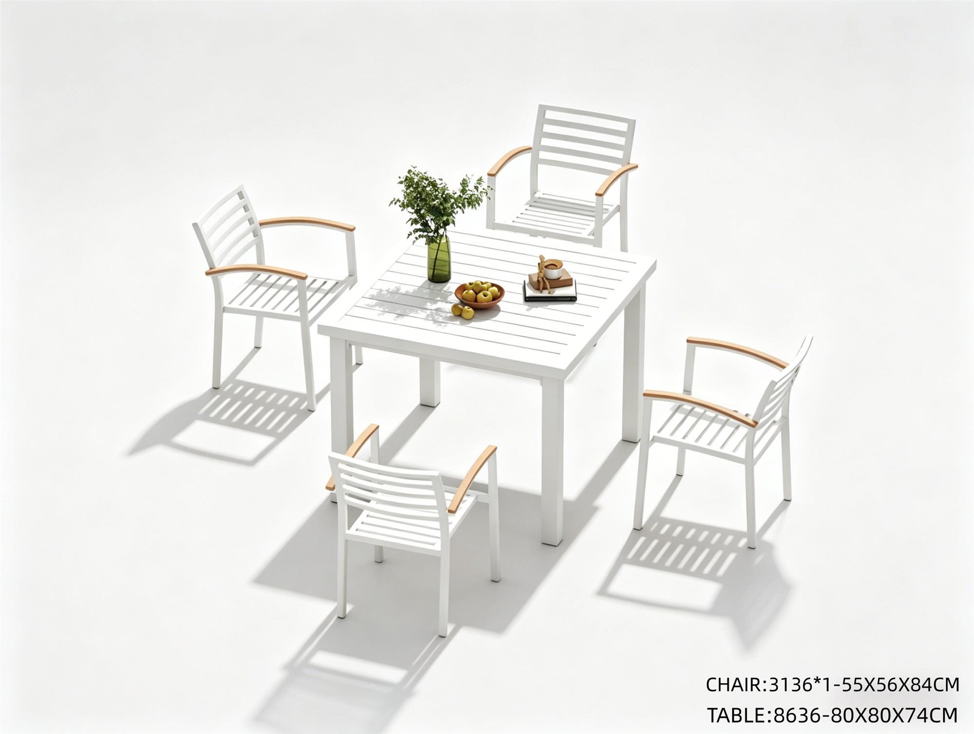 R-055 3136 5-Piece Aluminum Slat Dining Set — White/Teak (4 armchairs + square table)