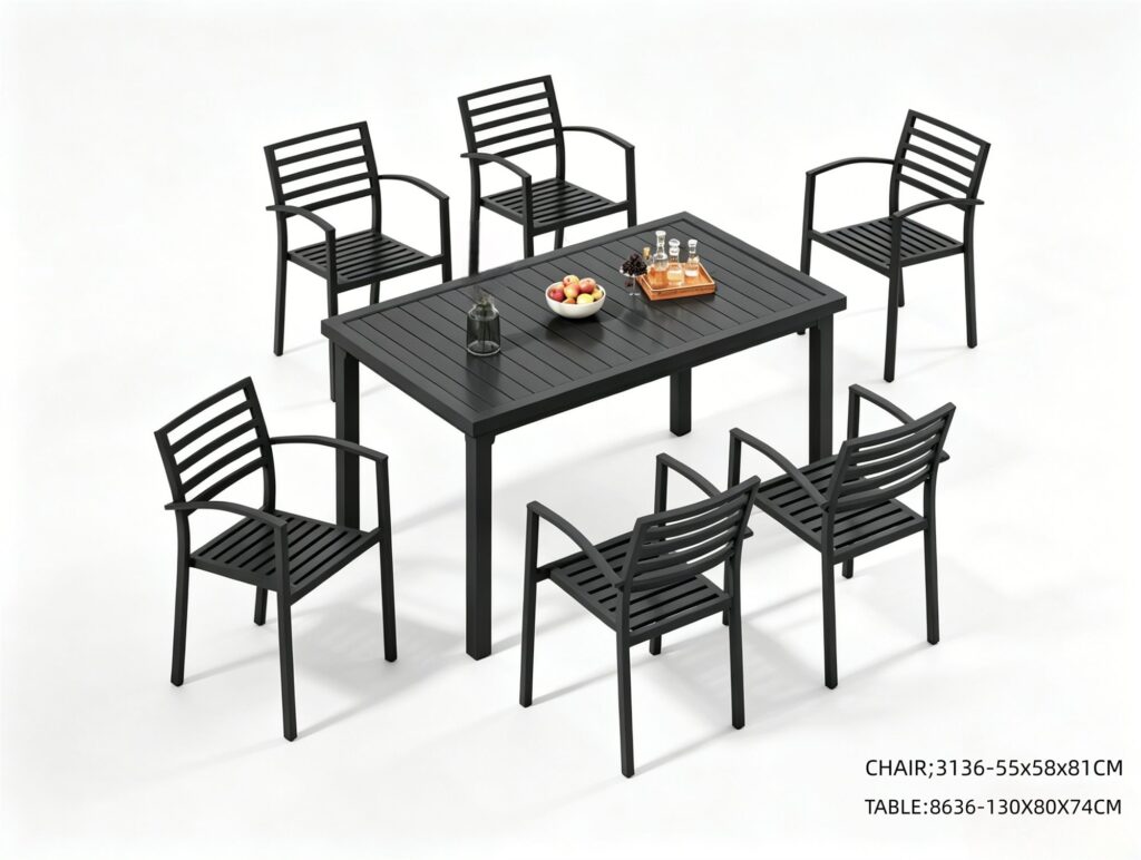 R-056 3136 7-Piece Aluminum Slat Dining Set — Black (6 armchairs + rectangular table)