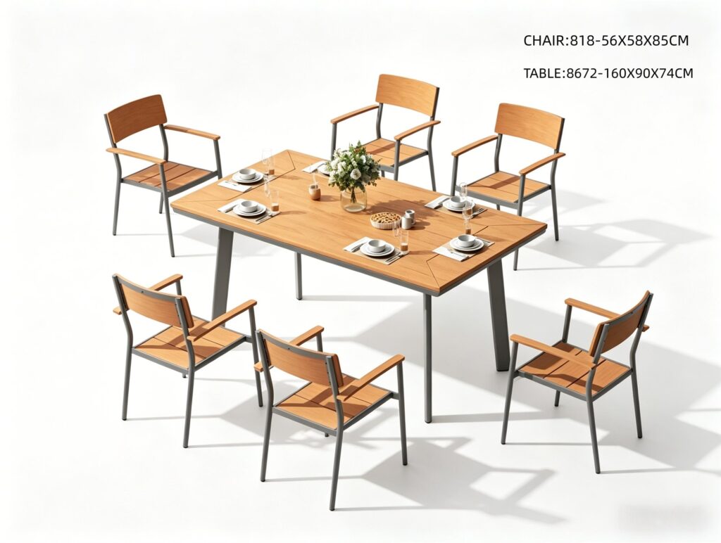 R-057 818 7-Piece Aluminum Slat Dining Set — Wood-Tone/Dark Gray (6 armchairs + rectangular table)