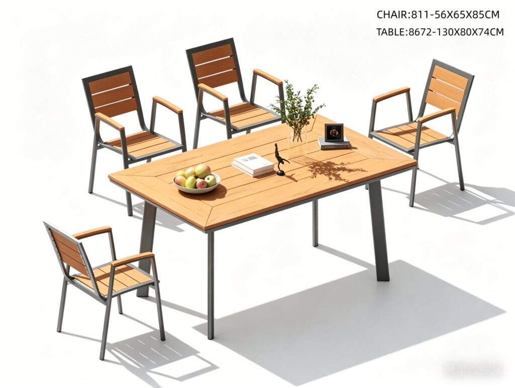 R-058 811 5-Piece Aluminum Slat Dining Set — Wood-Tone/Dark Gray (4 armchairs + rectangular table)