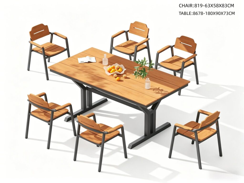 R-059 819 7-Piece Aluminum Slat Dining Set — Wood-Tone/Dark Gray (6 armchairs + rectangular table)