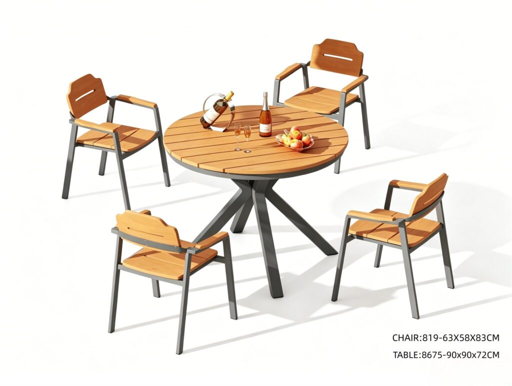 R-060 819 5-Piece Aluminum Slat Dining Set — Wood-Tone/Dark Gray (4 armchairs + round table)