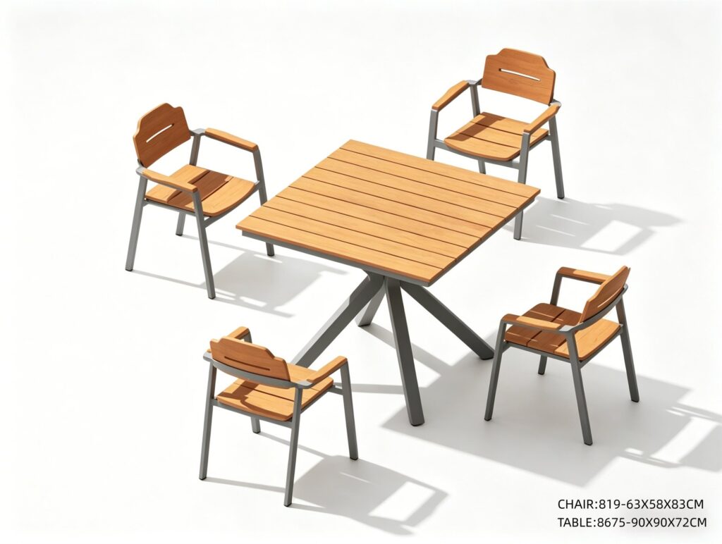 R-061 819 5-Piece Aluminum Slat Dining Set — Wood-Tone/Dark Gray (4 armchairs + square table)