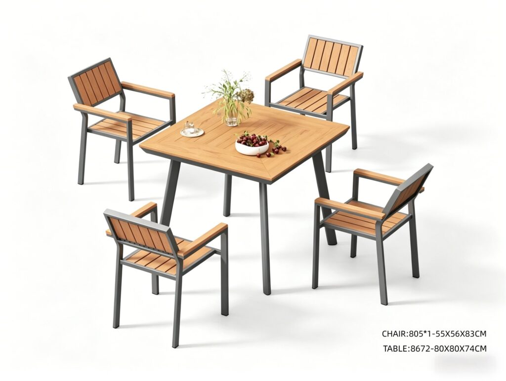 R-062 805 5-Piece Aluminum Slat Dining Set — Wood-Tone/Dark Gray (4 armchairs + square table)