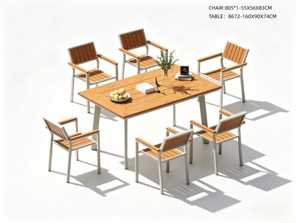 R-063 805 7-Piece Aluminum Slat Dining Set — Wood-Tone/Light (6 armchairs + rectangular table)