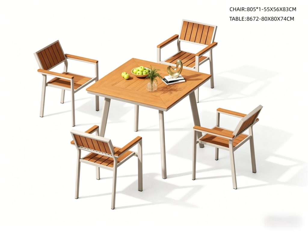 R-064 805 5-Piece Aluminum Slat Dining Set — Wood-Tone/Light (4 armchairs + square table)