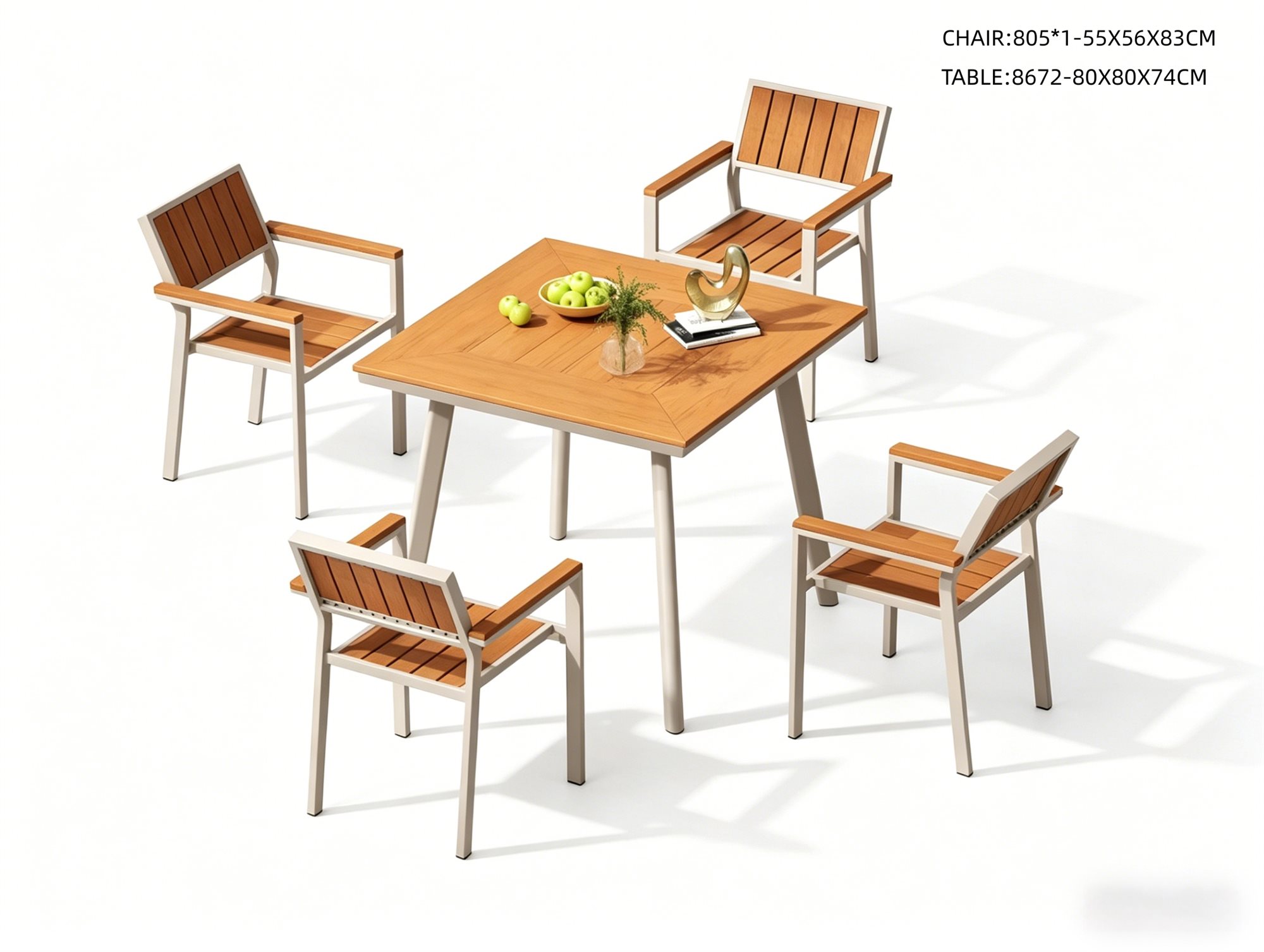 R-064 805 5-Piece Aluminum Slat Dining Set — Wood-Tone/Light (4 armchairs + square table)