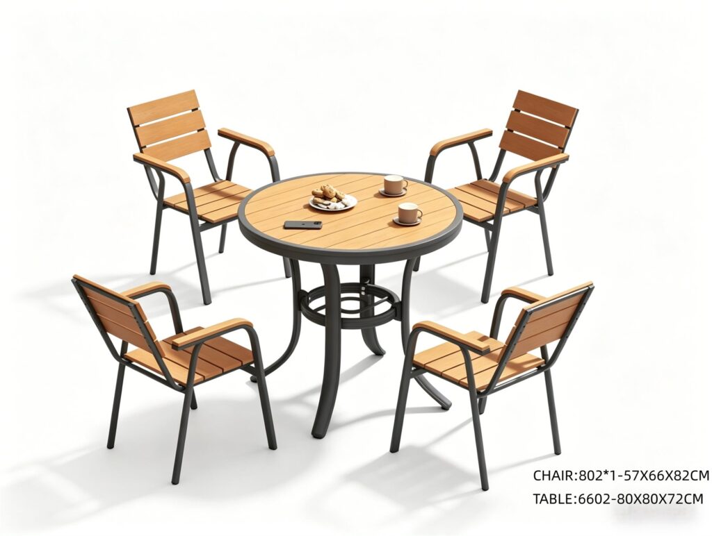 R-065 802 5-Piece Aluminum Slat Dining Set — Wood-Tone/Black (4 armchairs + round table)