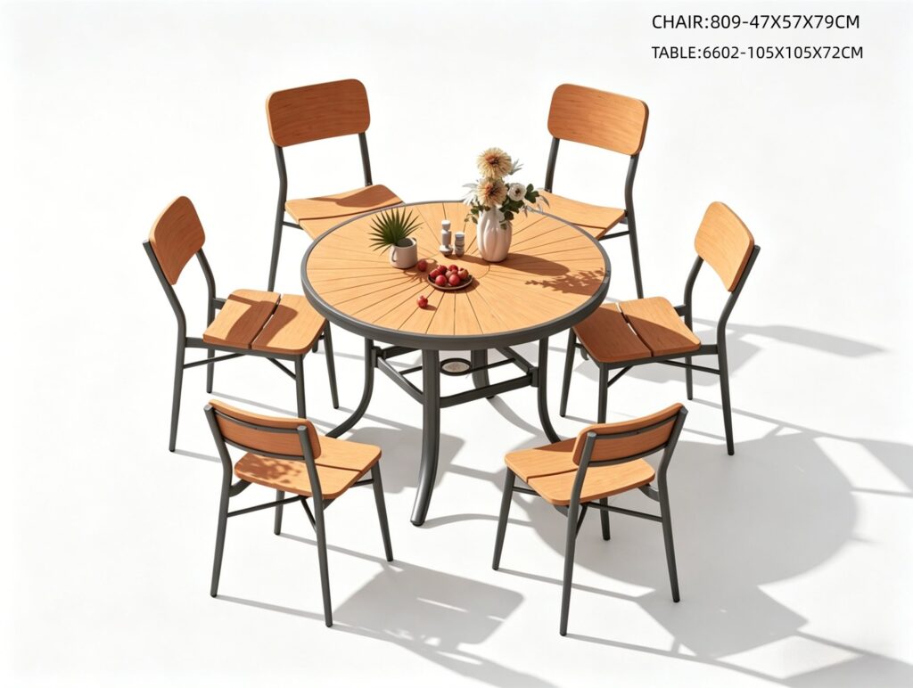 R-066 809 7-Piece Aluminum Slat Dining Set — Wood-Tone/Dark Gray (6 armchairs + round table)