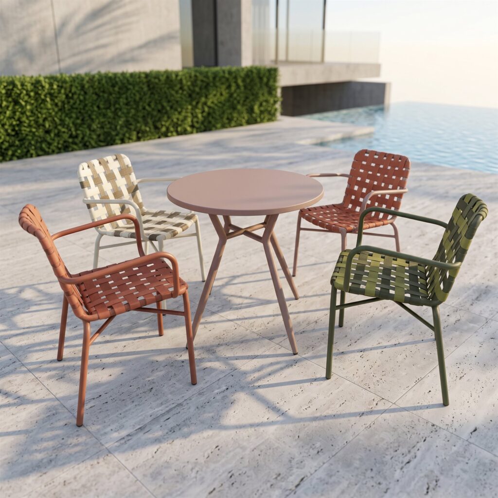 R-067 5-Piece Aluminum Woven Strap Bistro Set — Multicolor (4 woven armchairs + round table)