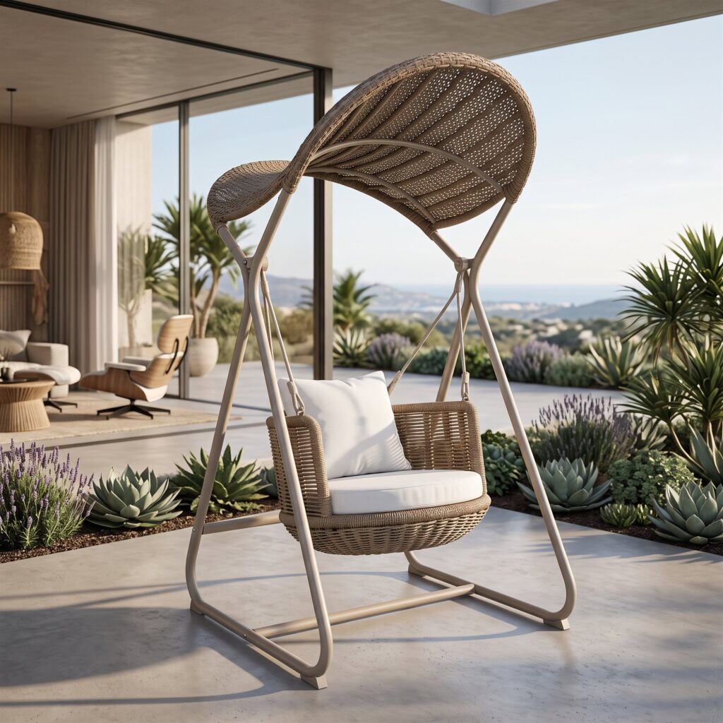 R-068 Rope Wicker Porch Swing Chair with Stand — Sand/Brown
