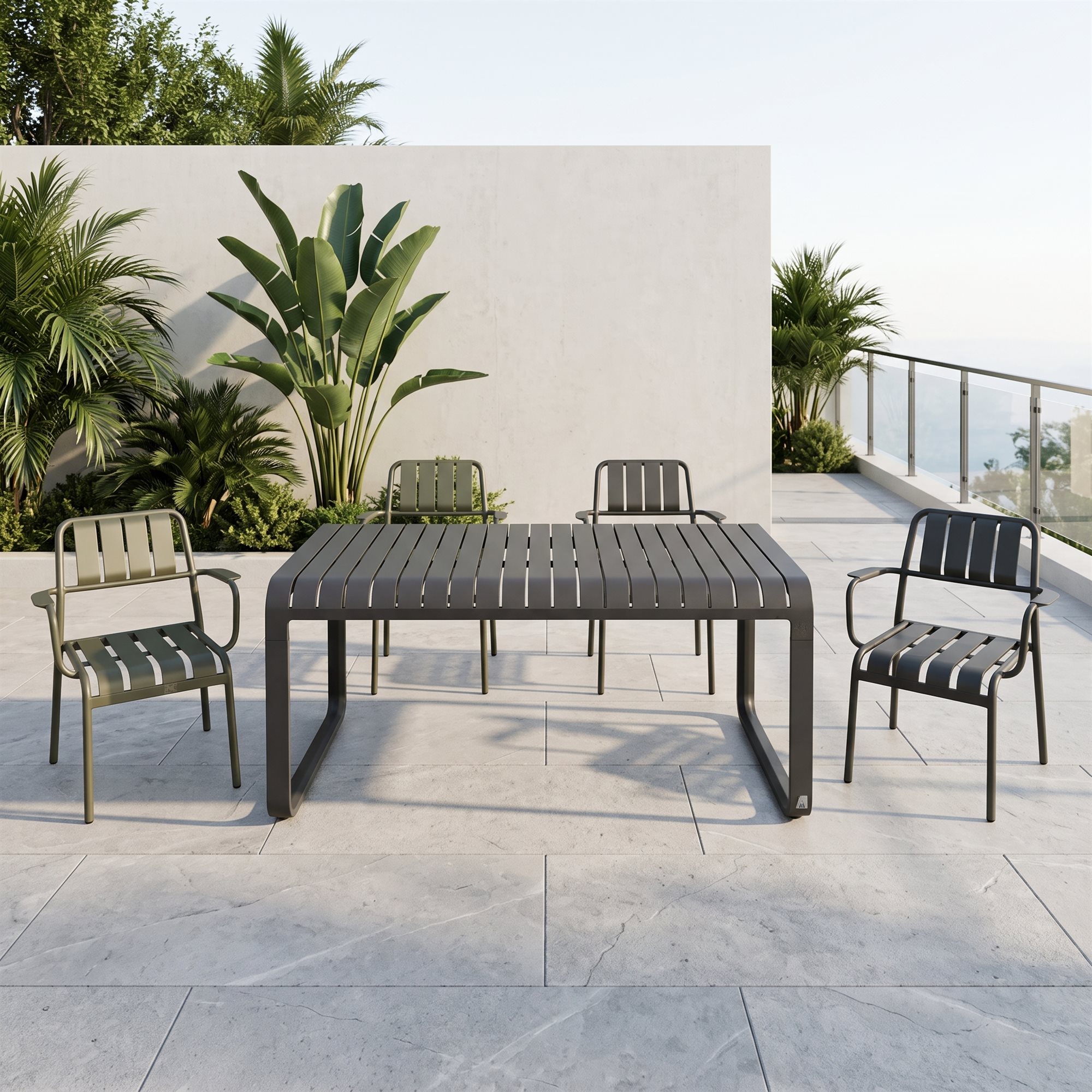 R-069 836 7 قطع شرائح ألومنيوم طقم طعام — أخضر زيتوني (6 كرسي بذراعينs + rectangular table) - الصورة 3