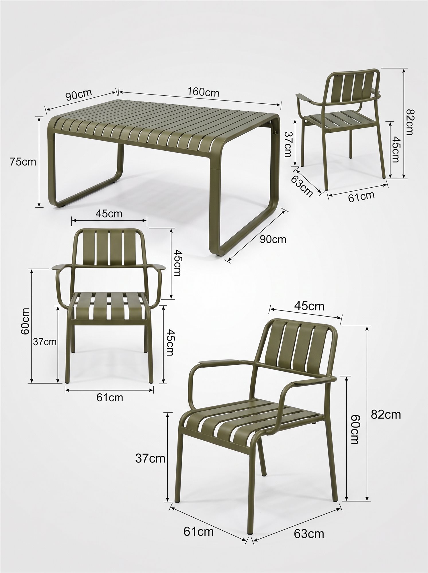 R-069 836 7 قطع شرائح ألومنيوم طقم طعام — أخضر زيتوني (6 كرسي بذراعينs + rectangular table) - الصورة 7