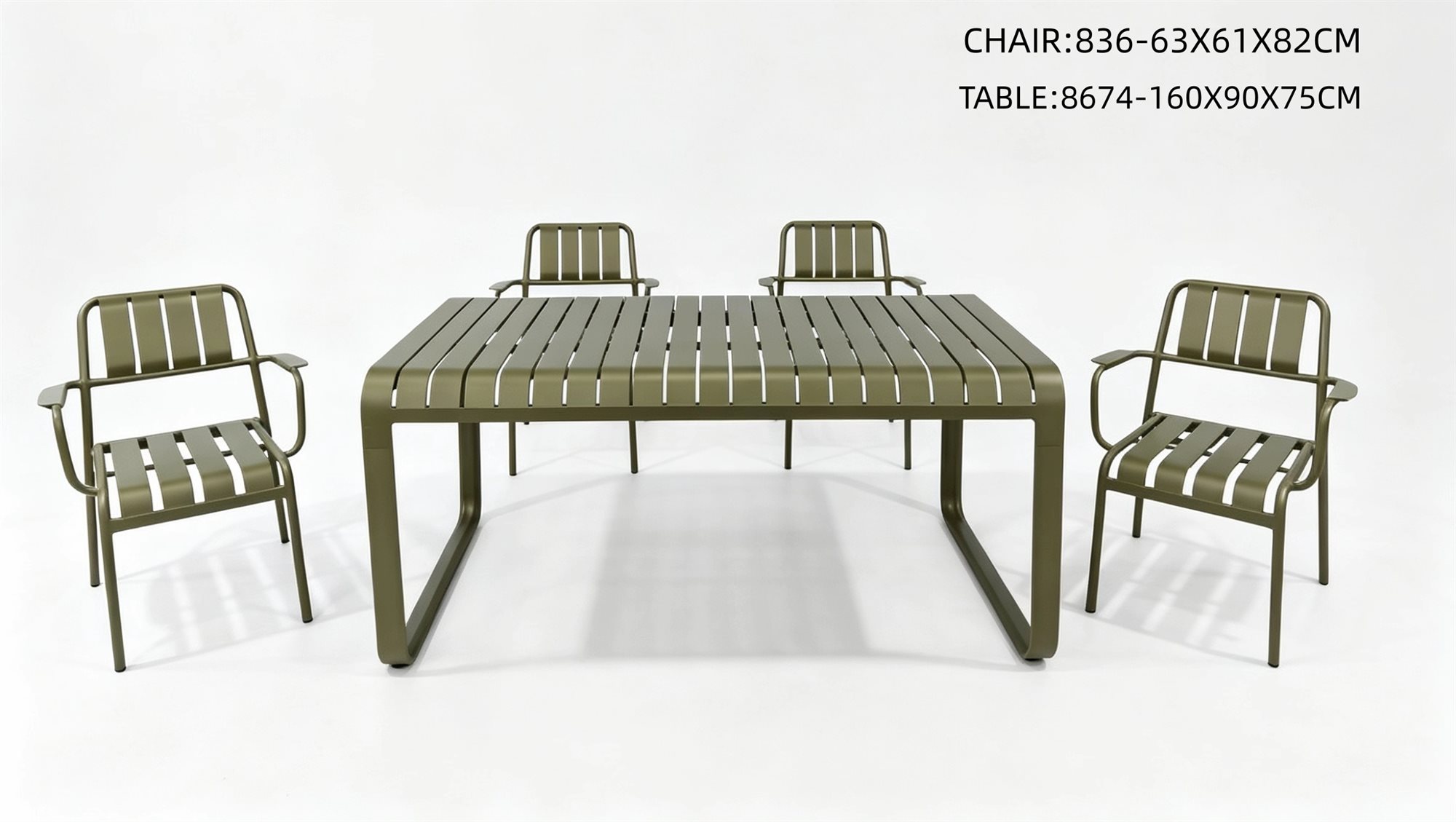 R-069 836 7 قطع شرائح ألومنيوم طقم طعام — أخضر زيتوني (6 كرسي بذراعينs + rectangular table) - الصورة 6