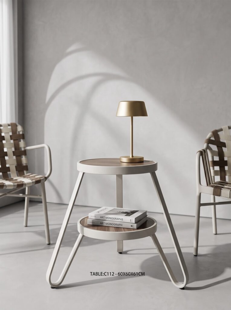 R-070 3-Piece Aluminum Woven Strap Bistro Set — White/Beige (2 chairs + 2-tier round side table)