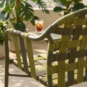 R-071 3 قطع ألومنيوم حزام منسوج طقم بيسترو — زيتوني/ليمي (2 كرسي بذراعينs + square folding side table)